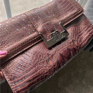 Marc Fisher Croc-Embossed Brown Leather Clutch with Silver-Tone Hardware